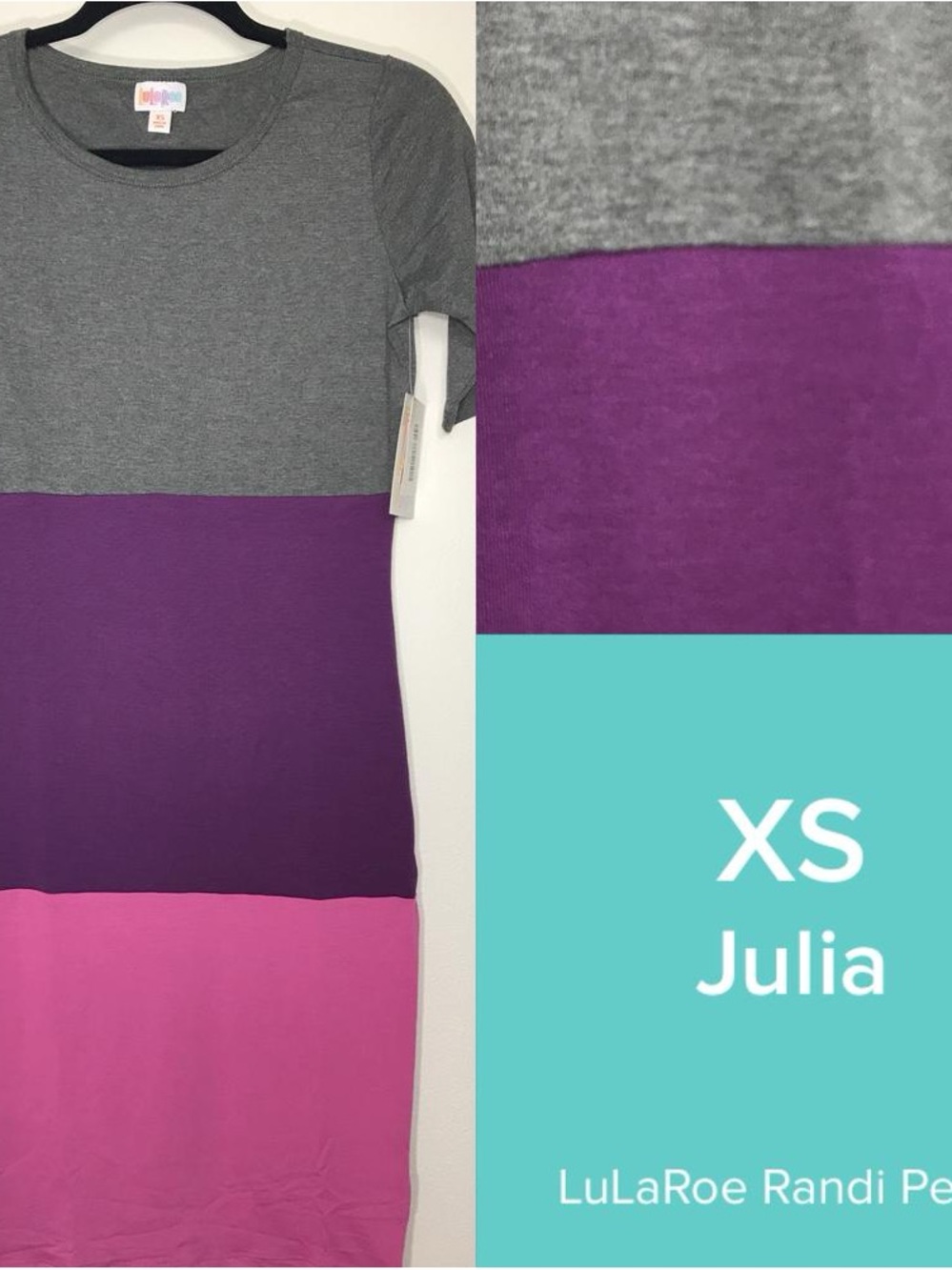 LuLaRoe Colorblock Julia Midi Dress in Gray, Purple & Pink